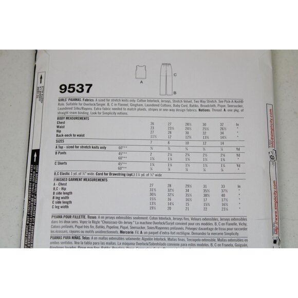 UNCUT Simplicity 9537 Pattern Girls Pajamas Top Pants Shorts SZ 7-14 93601 - Picture 4 of 5